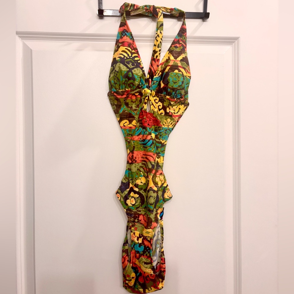 Vibrant Red and Orange Tribal One Piece Cut Out Swimsuit